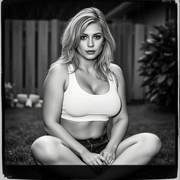 3/4 shot of a curvy blonde-haired woman in her 40s in a black and white photograph, front view, sitting on the ground in her backyard during a rainstorm