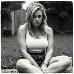 3/4 shot of a curvy blonde-haired woman in her 40s in a black and white photograph, front view, sitting on the ground in her backyard during a rainstorm