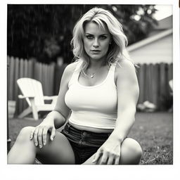 3/4 shot of a curvy blonde-haired woman in her 40s in a black and white photograph, front view, sitting on the ground in her backyard during a rainstorm