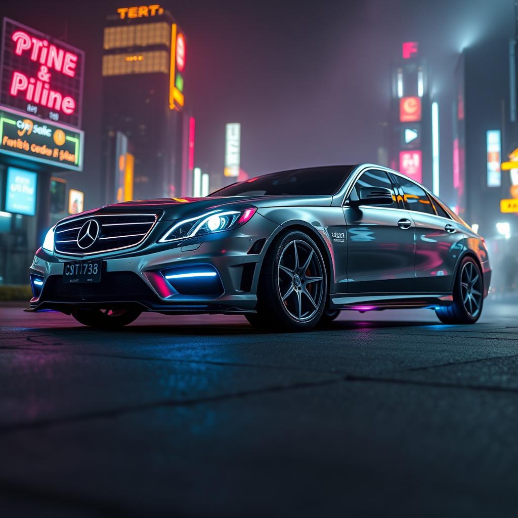 A Mercedes Benz W211 with a cyberpunk theme, adorned with neon lights that illuminate its sleek design