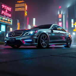 A Mercedes Benz W211 with a cyberpunk theme, adorned with neon lights that illuminate its sleek design