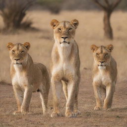 A majestic lioness standing protectively beside her two lions in the heart of the African savannah