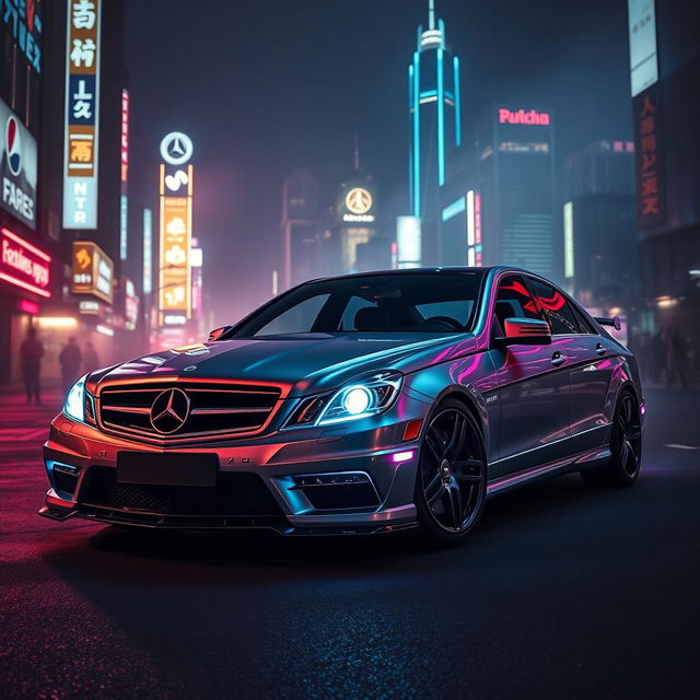 A Mercedes Benz W211 with a cyberpunk theme, adorned with neon lights that illuminate its sleek design