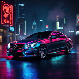 A Mercedes Benz W211 with a cyberpunk theme, adorned with neon lights that illuminate its sleek design