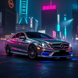 A Mercedes Benz W211 with a cyberpunk theme, adorned with neon lights that illuminate its sleek design