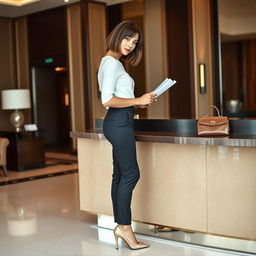 31-year-old woman with a chin-long bob hairstyle, captured in profile as she fills out a form at the reception desk of a hotel