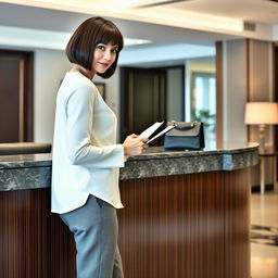 31-year-old woman with a chin-long bob hairstyle, captured in profile as she fills out a form at the reception desk of a hotel