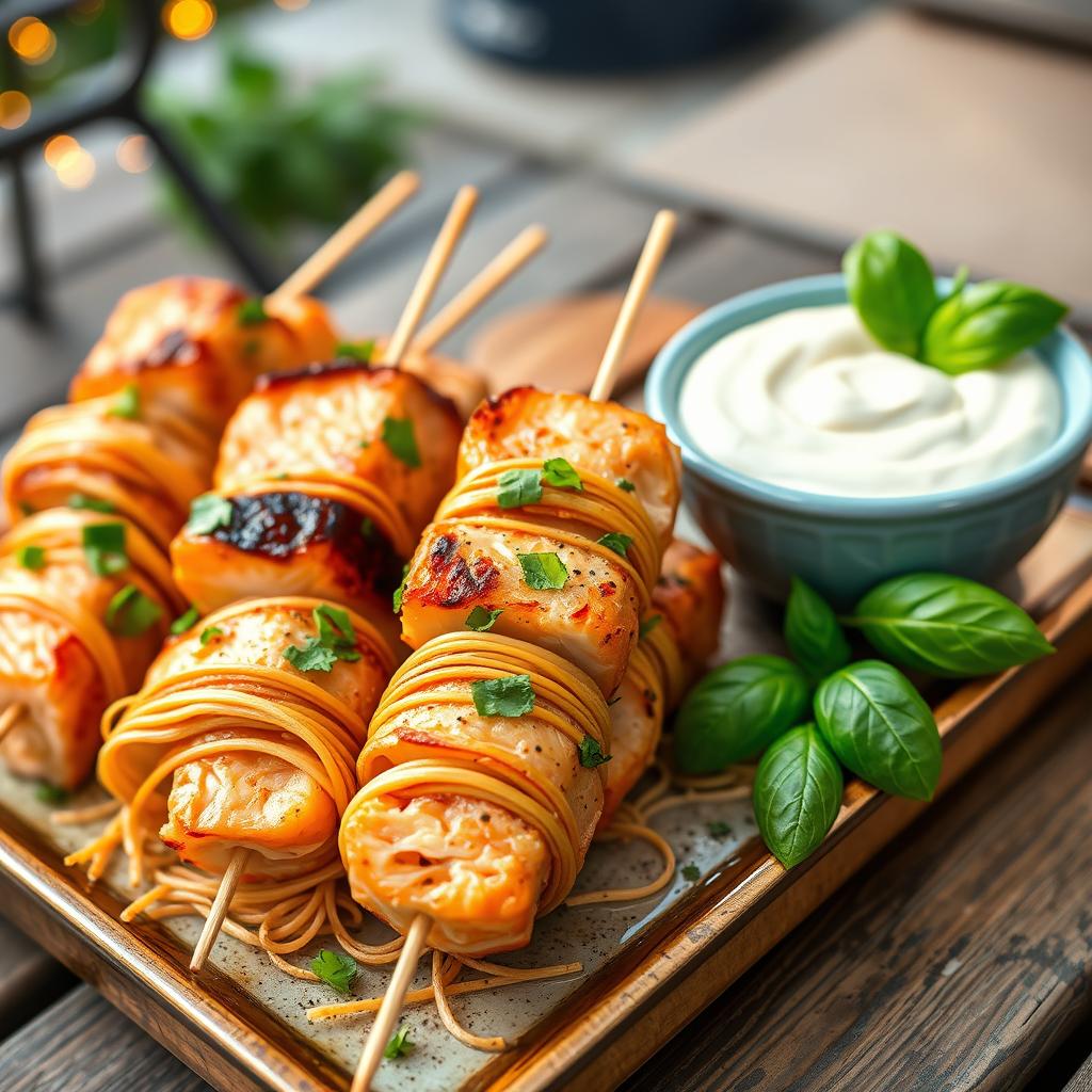 a delectable presentation of salmon skewers wrapped in thinly sliced ramen noodles, lovingly garnished with fresh chopped basil