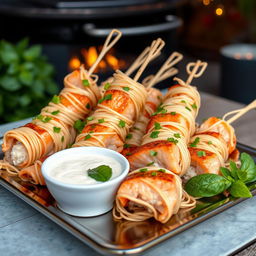 a delectable presentation of salmon skewers wrapped in thinly sliced ramen noodles, lovingly garnished with fresh chopped basil