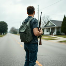 A young adult man with his back turned stands on an empty, wide street