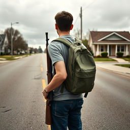 A young adult man with his back turned stands on an empty, wide street