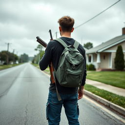 A young adult man with his back turned stands on an empty, wide street