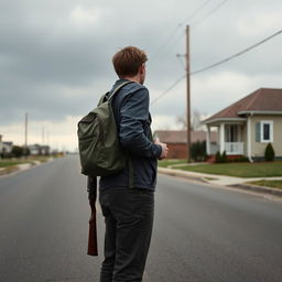 A young adult man with his back turned stands on an empty, wide street