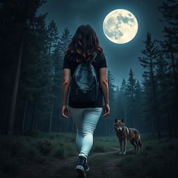 A woman with dark brown almost black wavy hair seen from behind, wearing a black t-shirt, white jeans, and navy blue All Star sneakers, walking through a mysterious forest at night