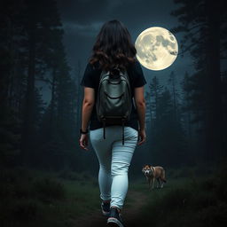 A woman with dark brown almost black wavy hair seen from behind, wearing a black t-shirt, white jeans, and navy blue All Star sneakers, walking through a mysterious forest at night