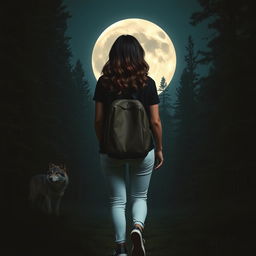 A woman with dark brown almost black wavy hair seen from behind, wearing a black t-shirt, white jeans, and navy blue All Star sneakers, walking through a mysterious forest at night