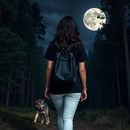 A woman with dark brown almost black wavy hair seen from behind, wearing a black t-shirt, white jeans, and navy blue All Star sneakers, walking through a mysterious forest at night