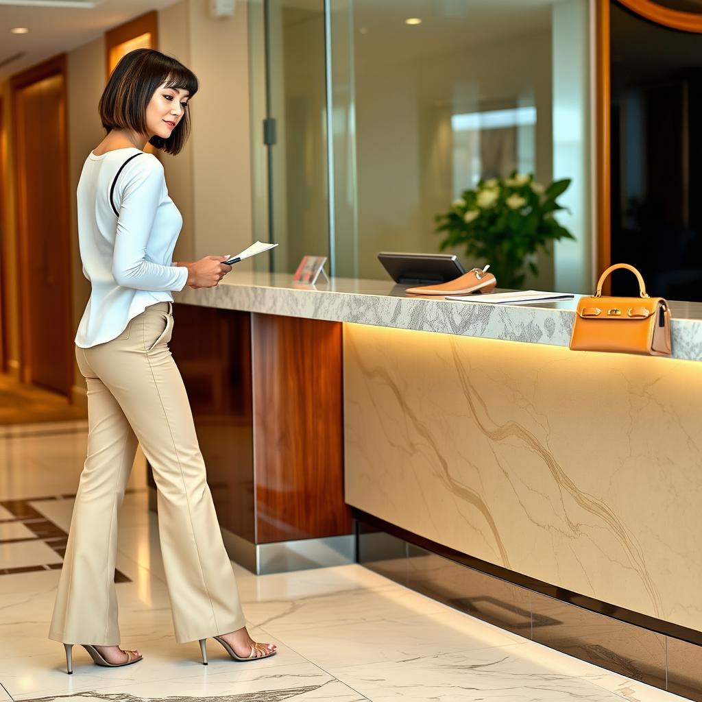 31-year-old woman with a chin-long bob hairstyle, shown in profile as she fills out a form at the reception desk of a hotel