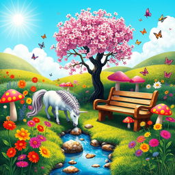 A whimsical, vibrant garden scene featuring a variety of colorful flowers, giant mushrooms, and a small, gentle creek flowing through the landscape