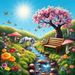 A whimsical, vibrant garden scene featuring a variety of colorful flowers, giant mushrooms, and a small, gentle creek flowing through the landscape