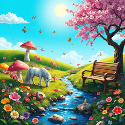 A whimsical, vibrant garden scene featuring a variety of colorful flowers, giant mushrooms, and a small, gentle creek flowing through the landscape