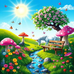 A whimsical, vibrant garden scene featuring a variety of colorful flowers, giant mushrooms, and a small, gentle creek flowing through the landscape