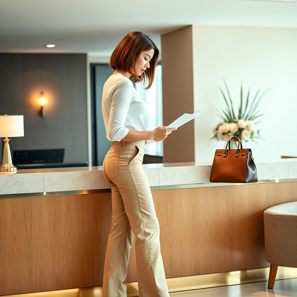 31-year-old woman with a chin-long bob hairstyle, shown slightly in profile as she fills out a form at the reception desk of a hotel