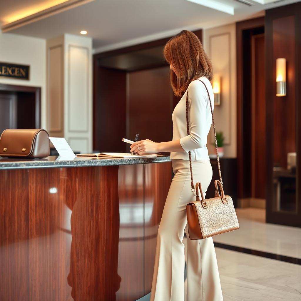 31-year-old woman with a chin-long bob hairstyle, shown slightly in profile as she fills out a form at the reception desk of a hotel