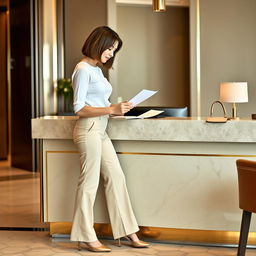 31-year-old woman with a chin-long bob hairstyle, shown slightly in profile as she fills out a form at the reception desk of a hotel