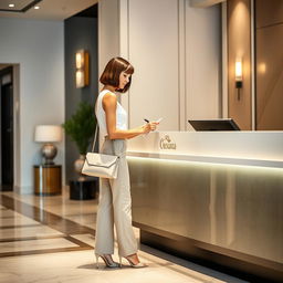 31-year-old woman with a chin-long bob hairstyle, shown slightly in profile as she fills out a form at the reception desk of a hotel