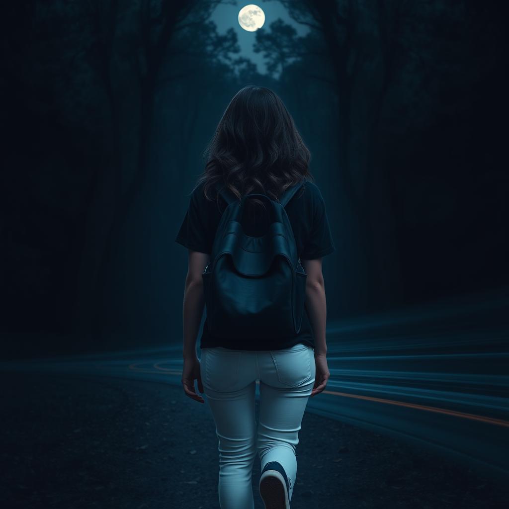 A woman with dark brown almost black wavy hair seen from behind, wearing a black t-shirt, white jeans, and navy blue All Star sneakers, walking through a mysterious forest at night