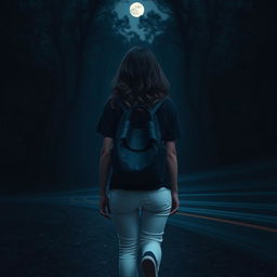 A woman with dark brown almost black wavy hair seen from behind, wearing a black t-shirt, white jeans, and navy blue All Star sneakers, walking through a mysterious forest at night