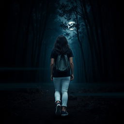 A woman with dark brown almost black wavy hair seen from behind, wearing a black t-shirt, white jeans, and navy blue All Star sneakers, walking through a mysterious forest at night