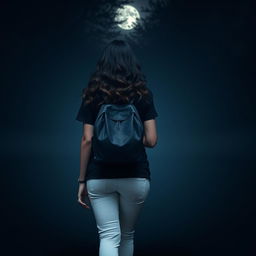 A woman with dark brown almost black wavy hair seen from behind, wearing a black t-shirt, white jeans, and navy blue All Star sneakers, walking through a mysterious forest at night