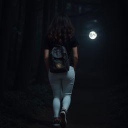 A woman with dark brown almost black wavy hair seen from behind, wearing a black t-shirt, white jeans, and navy blue All Star sneakers, walking through a mysterious forest at night