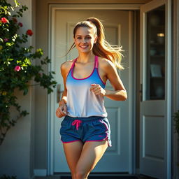 31-year-old woman returning from a run, dressed in a stylish summer sports outfit