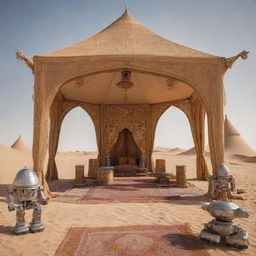 A unique blend of tradition and futuristic elements, an Arabian designed tent surrounded by various robots.