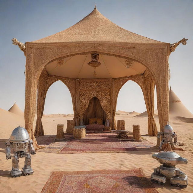 A unique blend of tradition and futuristic elements, an Arabian designed tent surrounded by various robots.