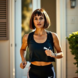 31-year-old woman with a bob hairstyle returning from a run, wearing a stylish Puma sports outfit