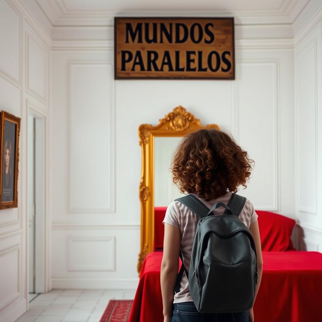 A girl with curly brown hair wearing a backpack stands facing a large golden mirror in a white-painted room