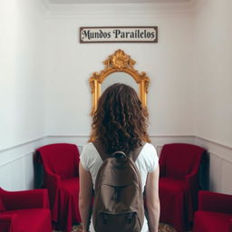 A girl with curly brown hair wearing a backpack stands facing a large golden mirror in a white-painted room