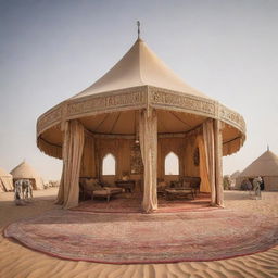 A unique blend of tradition and futuristic elements, an Arabian designed tent surrounded by various robots.