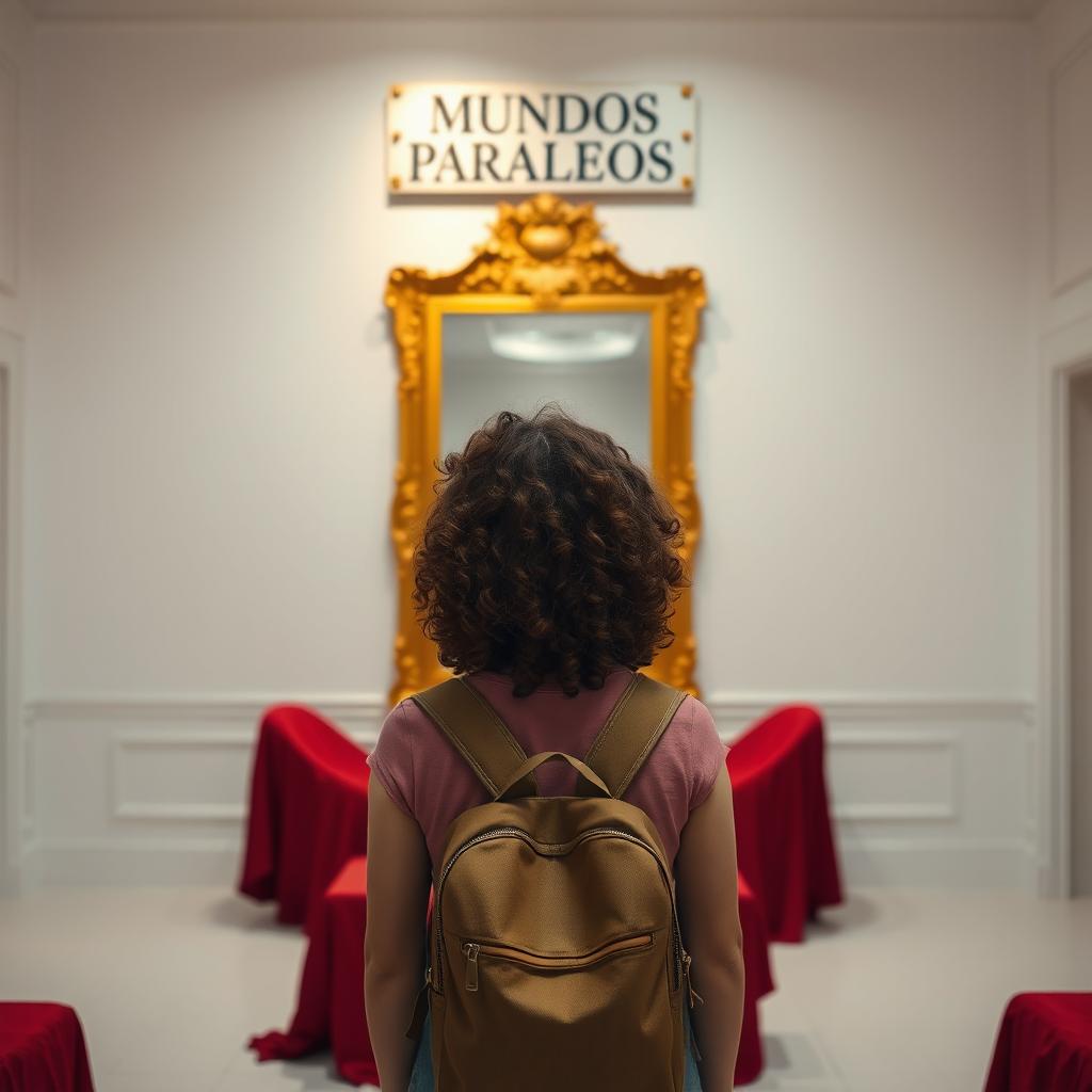 A girl with curly brown hair wearing a backpack stands facing a large golden mirror in a white-painted room