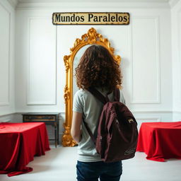 A girl with curly brown hair wearing a backpack stands facing a large golden mirror in a white-painted room