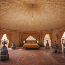 A unique blend of tradition and futuristic elements, an Arabian designed tent surrounded by various robots.