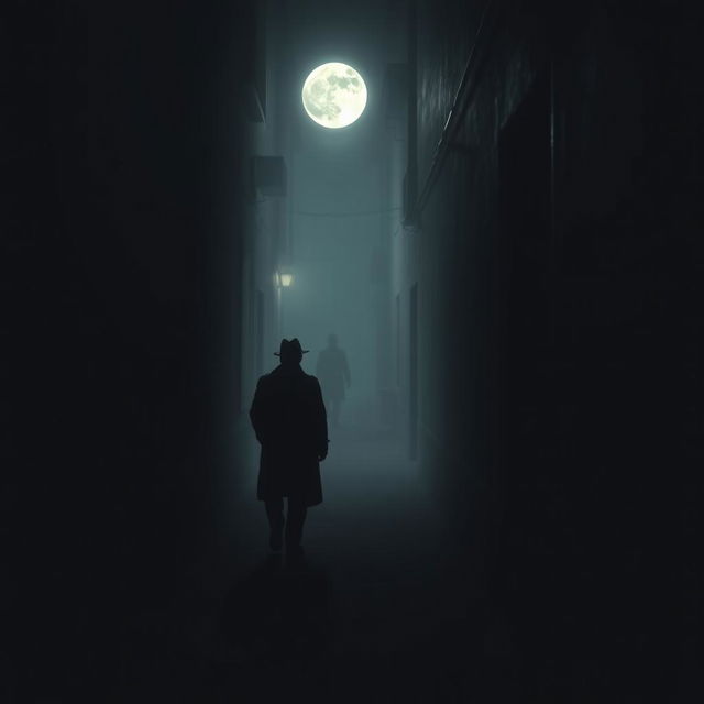 A shadowy figure cautiously walks through a dimly lit alley, glancing around nervously