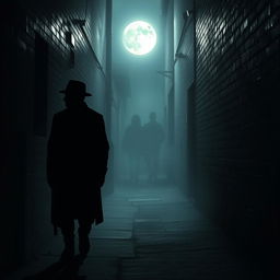 A shadowy figure cautiously walks through a dimly lit alley, glancing around nervously