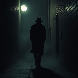 A shadowy figure cautiously walks through a dimly lit alley, glancing around nervously