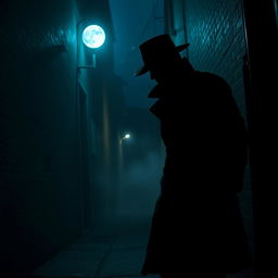 A shadowy figure cautiously walks through a dimly lit alley, glancing around nervously