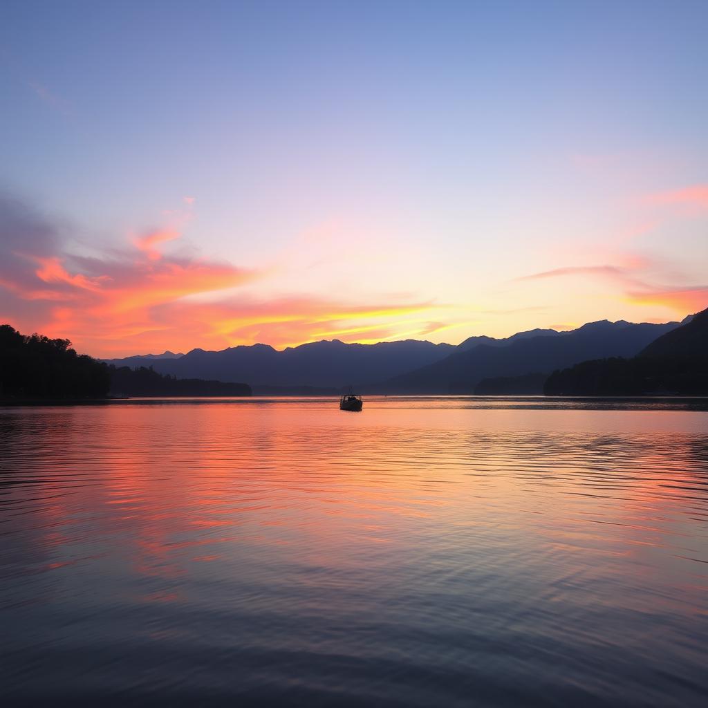 a peaceful sunset over a serene lake, with vibrant orange and pink hues reflecting on the calm water, surrounded by lush trees and mountains in the distance, a gentle breeze creating small ripples on the water surface, with a silhouette of a lone boat floating in the middle